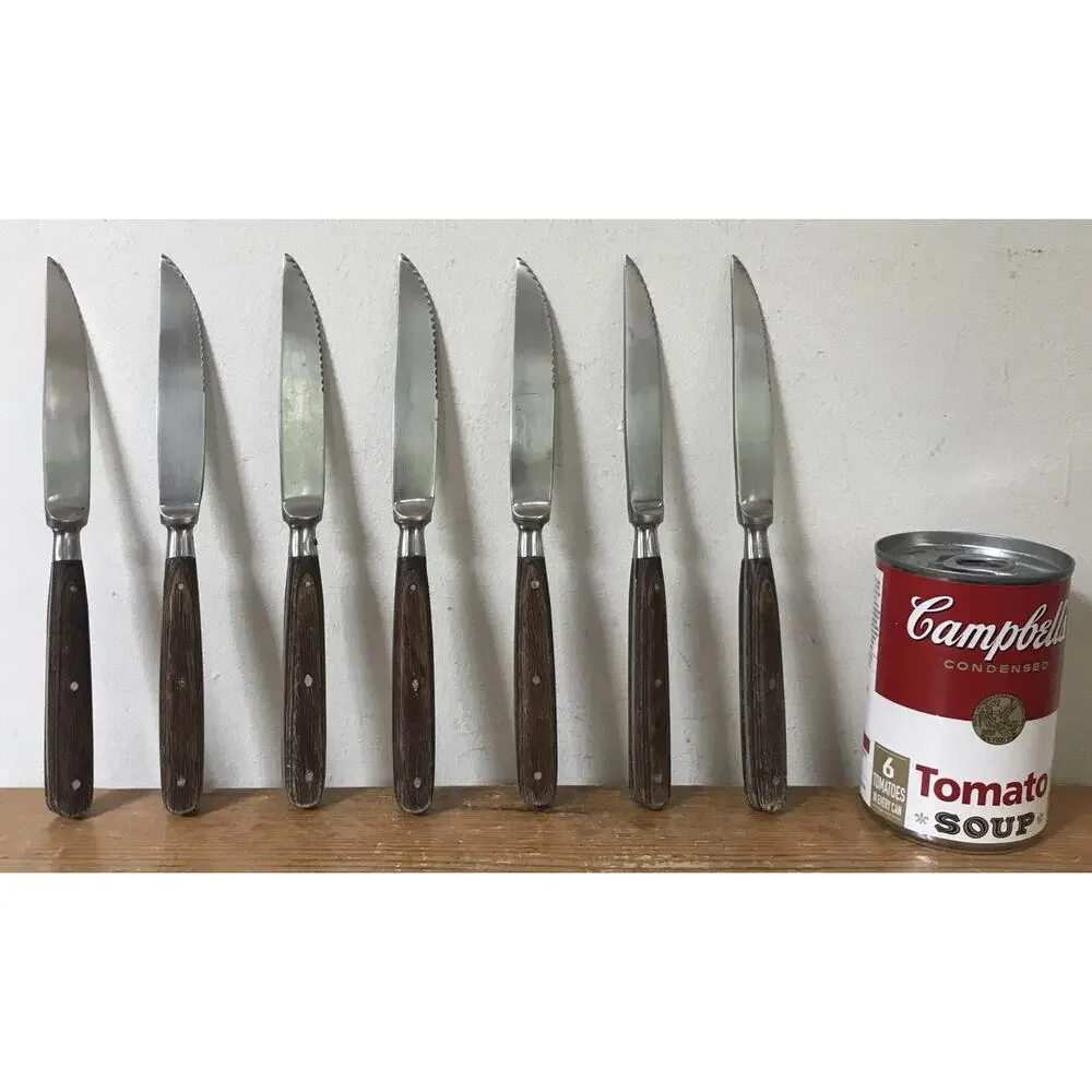 Set Lot 7 Vtg Mid Century Wood Wooden Handle Serrated Steak Knives 4.25” Blade